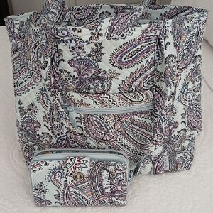 Vera Bradley Soft Sky Paisley Blue and Purple  Tote with matching RFID wallet